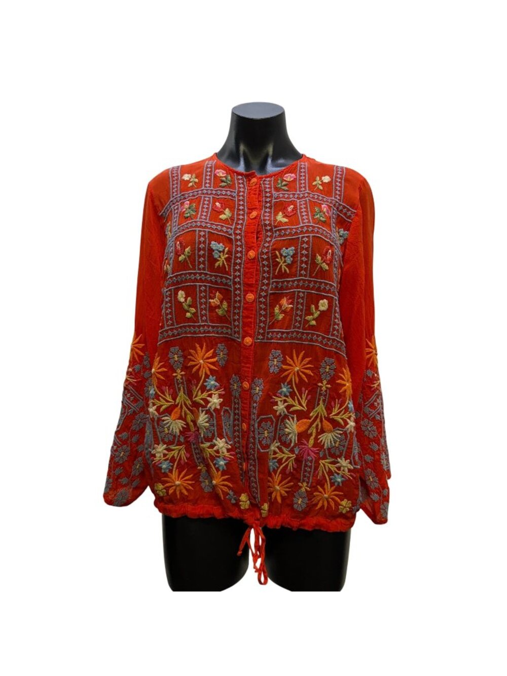 Johnny Was Red Embroidered Floral Boho Blouse S